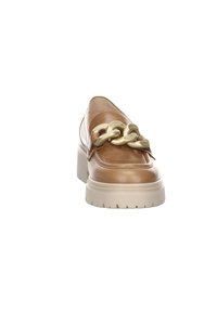 Brown leather slip-on shoe with a chunky light-colored sole, featuring large metallic gold chain accents across the upper.