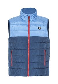 Padded sleeveless vest featuring a light blue upper and dark blue lower section, with a front red zipper and side pockets.