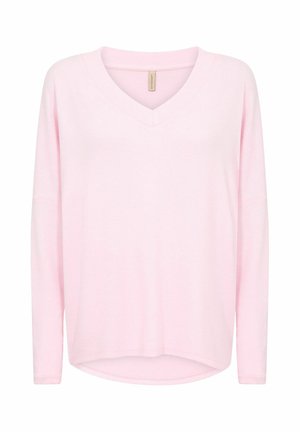 Vaaleanpunainen pitkähihaisen paita v-kaula-aukolla, rento istuvuus ja hieman pyöristetty helma. Valmistettu pehmeästä, kevyestä kankaasta.