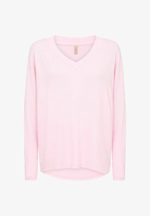 Rosa Langarmshirt mit V-Ausschnitt, lockerer Passform und leicht abgerundetem Saum. Hergestellt aus weichem, leichtem Stoff.