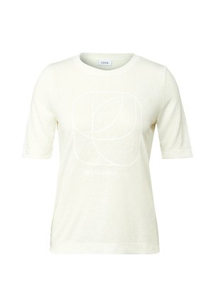 Lichtcrème t-shirt met korte mouwen, zachte textuur, met een minimalistische witte grafiek van overlappende vormen en de tekst "APERITIVO CLUB."