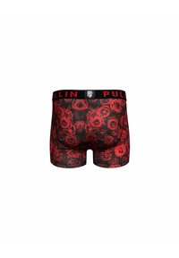 Boxers pour hommes avec une base noire ornée d'un motif de roses rouges. La ceinture élastique porte l'inscription "PULLIN" en rouge. Tissu doux et extensible.