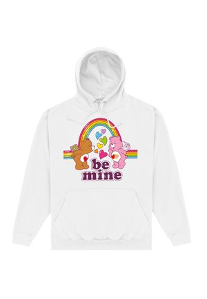Biała bluza z kapturem z grafiką tęczy z dwoma kreskówkowymi niedźwiedziami. Napis wytłoczony "be mine" w pogrubionych fioletowych literach. Zawiera kieszeń kangurzą.