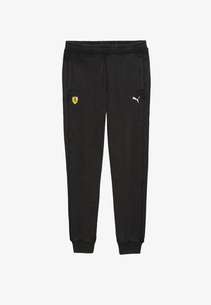 Melnas sporta bikses ar elastīgu jostasvietu, sānu kabatām, ar dzelteno Ferrari logotipu un baltu Puma logotipu uz apakšējās kājas.