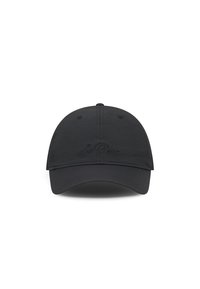 Black baseball cap with a curved brim, made of smooth fabric. Features embroidered text on the front, detailing minimalistic design.