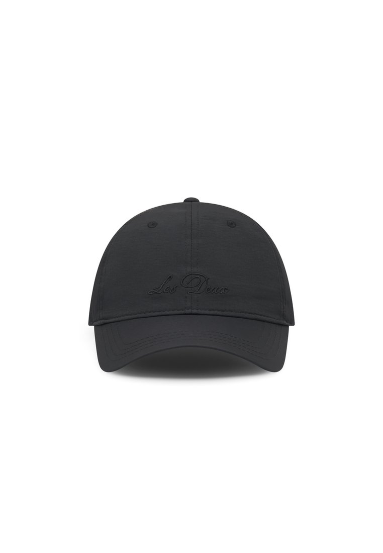 Black baseball cap with a curved brim, made of smooth fabric. Features embroidered text on the front, detailing minimalistic design.