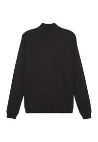 Sort langærmet polo sweatshirt med klassisk krave og ribbede manchetter. Glat tekstur, enkelt design, ingen synlige mønstre eller accenter.