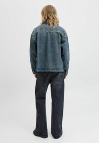 Jeans jakna u svijetloplavoj boji, sa kragnom, dugmadima na manžetama i opuštenim krojem. Uparena s tamnim, širokim farmerkama.