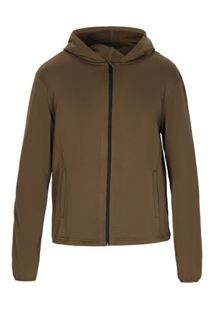 Felpa con cappuccio marrone con zip, maniche lunghe, tasche laterali e cappuccio, mostrata su sfondo bianco.