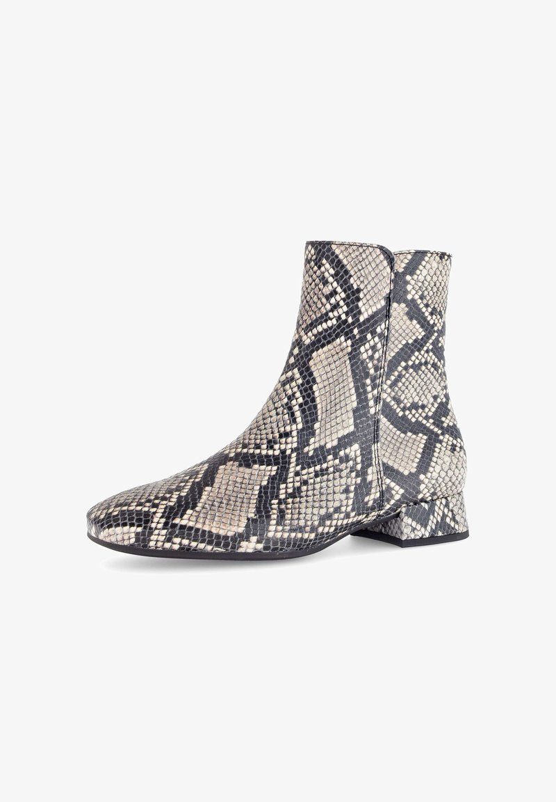 Snakeskin ankle boots with a pointed toe, featuring a black and beige color pattern, textured surface, and low block heel.