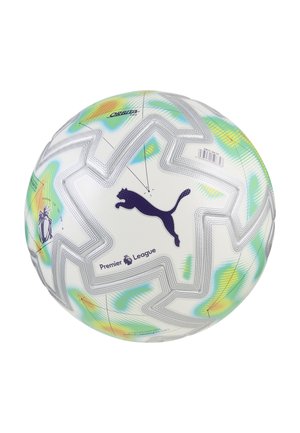 Balón de fútbol Puma Orbita Pro blanco con el logo de la Premier League y patrones de mapa de calor coloridos en azul, verde y acentos naranjas.