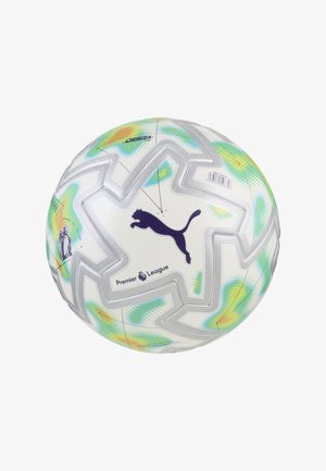 Bijela nogometna lopta Puma Orbita Pro s logotipom Premier League i šarenim uzorcima toplinske karte u plavim, zelenim i narančastim naglascima.