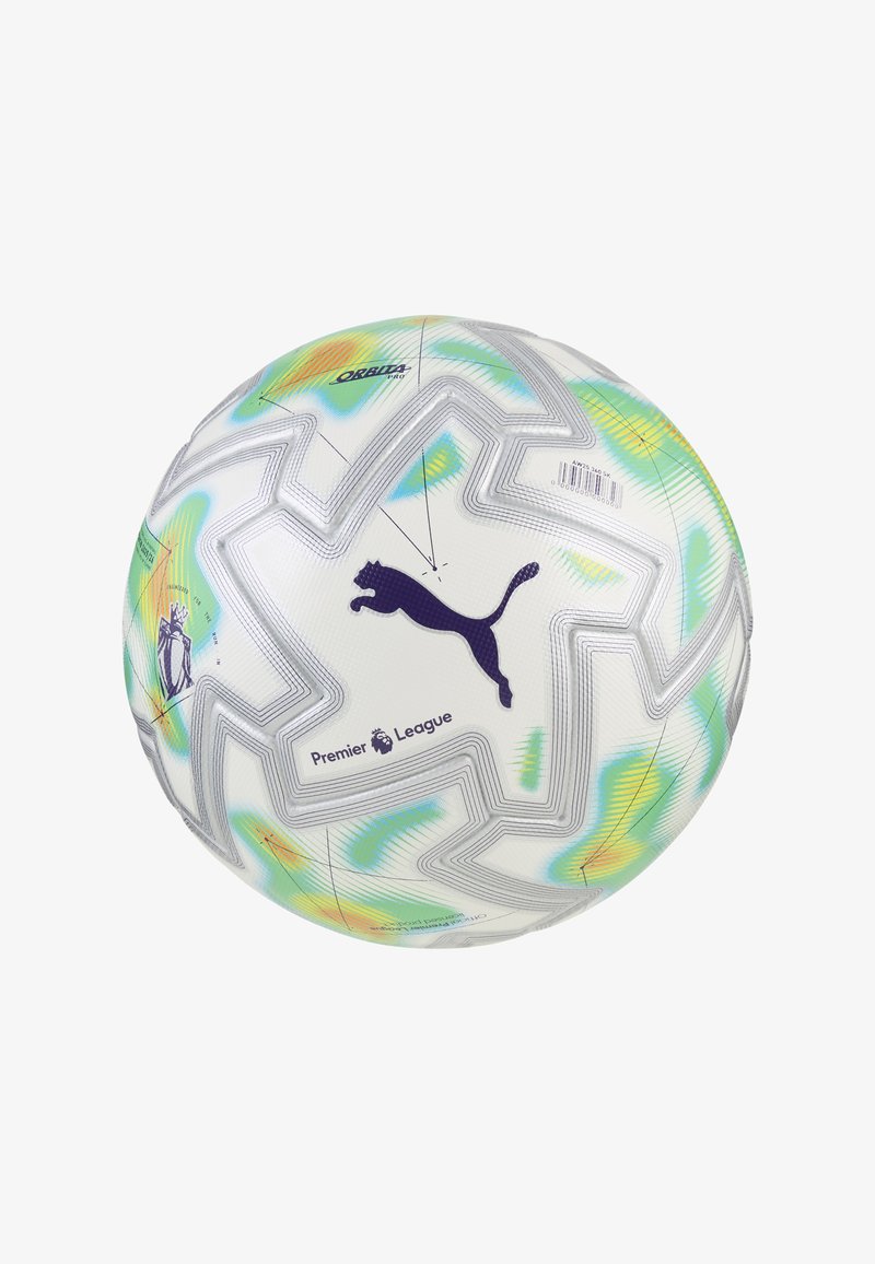 Ballon de football Puma Orbita Pro blanc avec le logo de la Premier League et des motifs colorés de carte thermique en accents bleus, verts et orange.