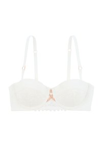 Soutien-gorge en dentelle blanche avec un design à armatures, des bretelles réglables, un bord festonné et un détail en rose au centre.