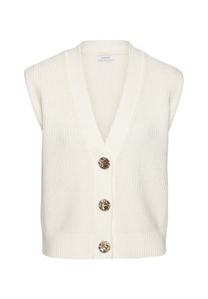 Weißes geripptes Top mit tiefem V-Ausschnitt, ausgestattet mit drei dekorativen Knöpfen in Goldoptik an der Vorderseite und einer lockeren Passform. Weiches, strukturiertes Material.