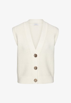White ribbed vest with a deep V-neck, featuring three decorative gold-tone buttons down the front and a relaxed fit. Soft, textured material.