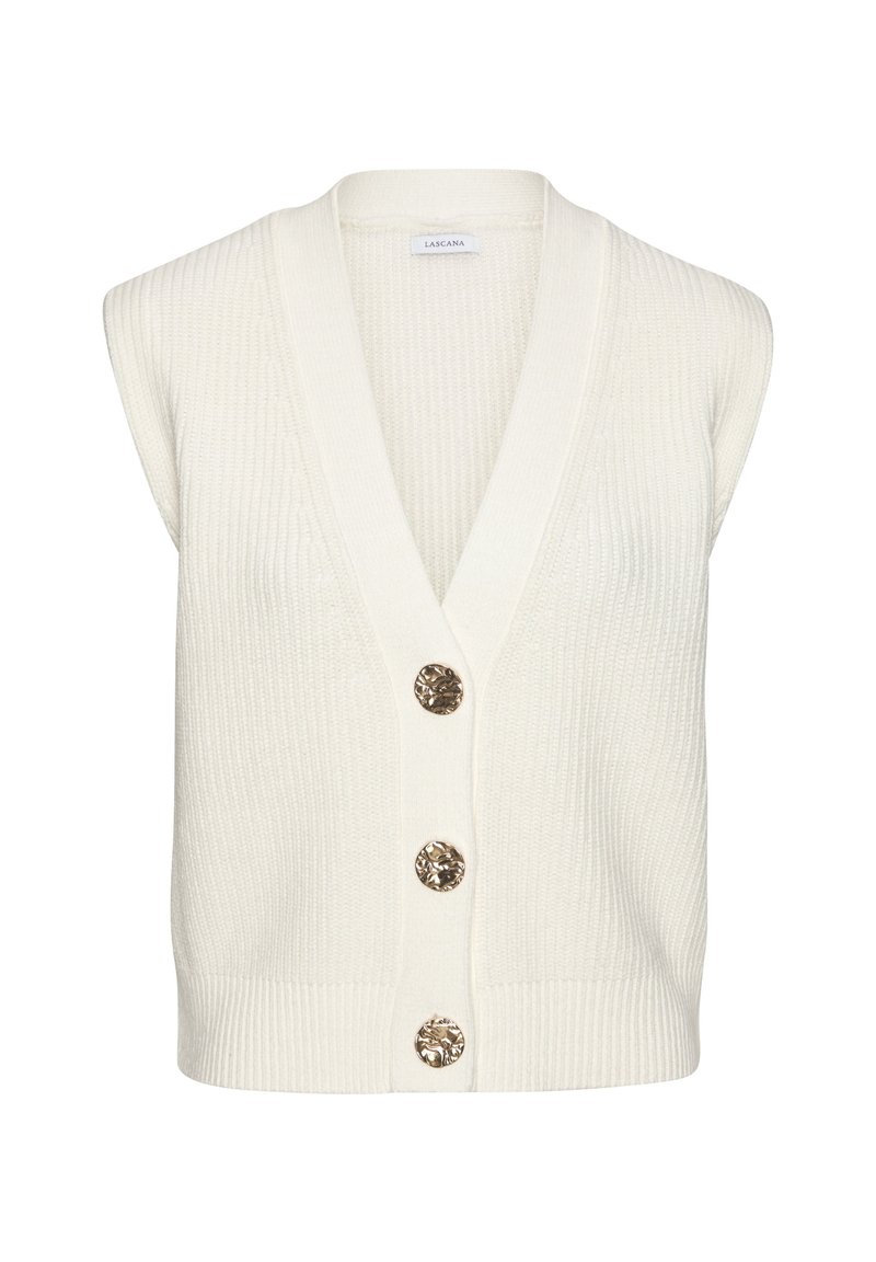 Weißes geripptes Top mit tiefem V-Ausschnitt, ausgestattet mit drei dekorativen Knöpfen in Goldoptik an der Vorderseite und einer lockeren Passform. Weiches, strukturiertes Material.
