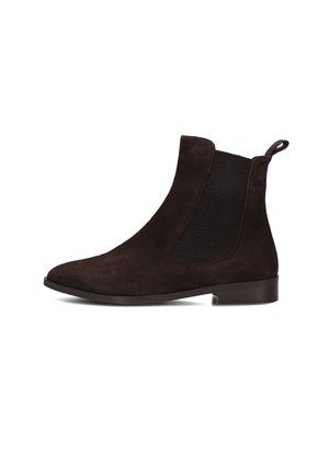 Brown suede ankle boot with elastic side panels, pull tab, rounded toe, and a low block heel. Smooth texture with a classic design.