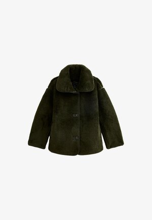 Chaqueta de piel sintética verde con un amplio cuello, mangas largas y dos cierres de botón negro en la parte delantera. Textura suave y ajuste relajado.