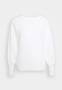 Weißer, flauschiger Pullover mit rundem Ausschnitt, langen Ballonärmeln und gerippten Bündchen. Weiche Textur und lockeres Design.