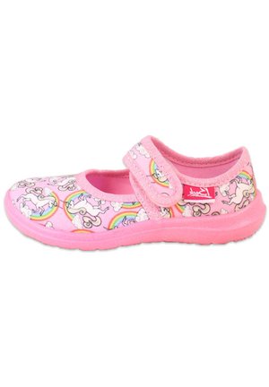 Rosa Kinderschuhe mit Klettverschluss, ausgestattet mit einem Muster aus Einhörnern, Regenbögen und Wolken auf weichem Stoff mit einer Gummisohle.