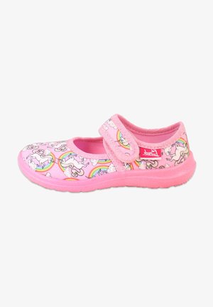 Pink children's shoe with a velcro strap, featuring a pattern of unicorns, rainbows, and clouds on soft fabric with a rubber sole.