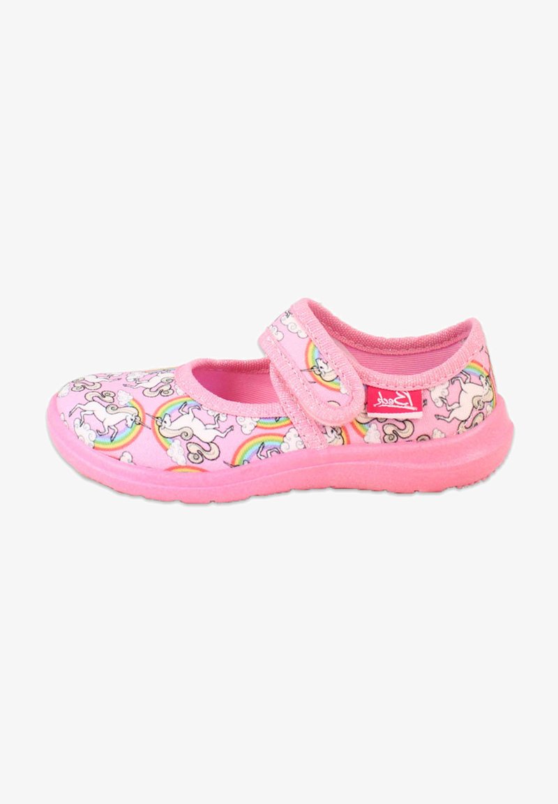 Rosa Kinderschuhe mit Klettverschluss, ausgestattet mit einem Muster aus Einhörnern, Regenbögen und Wolken auf weichem Stoff mit einer Gummisohle.