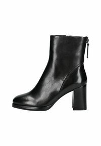 Bota de cuero negra hasta el tobillo con punta redonda, tacón de bloque de altura media y cremallera lateral. Textura suave con detalles de costura mínimos.