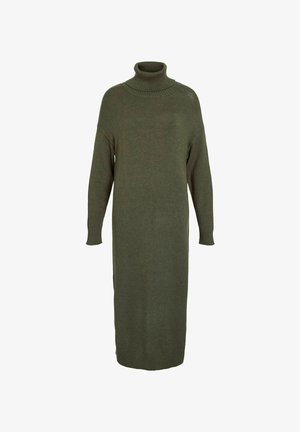 Olijfgroene, lange mouw gebreide jurk met col, relaxte pasvorm en geribde manchetten, die tot halverwege de kuit reikt. Zachte textuur.