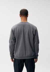 Gray sweatshirt with a crew neck, long sleeves, and a ribbed hem. Smooth texture, simple design, and no visible logos or embellishments.