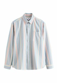 Pikkade varrukatega nööbitav särk pastelse sinise, roosa ja valge vertikaaltriibuga ning esikinnisega rinnataskuga.