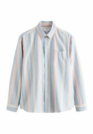 Langärmliges Hemd mit Knöpfen, das vertikale Streifen in Pastellblau, Rosa und Weiß aufweist und eine Brusttasche vorne hat.