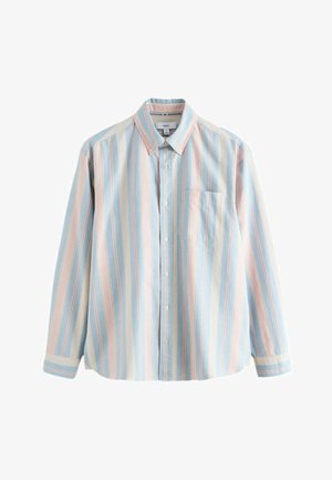 Langärmliges Hemd mit Knöpfen, das vertikale Streifen in Pastellblau, Rosa und Weiß aufweist und eine Brusttasche vorne hat.