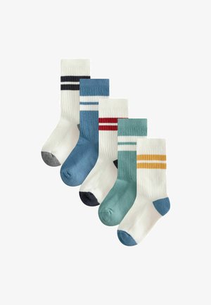Five pairs of crew socks featuring ribbed texture, white and colored stripes in blue, green, red, and yellow accents. Cotton blend material.
