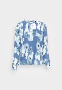Blusa azul de mangas longas com padrão floral em branco e cinza, punhos franzidos e um pequeno detalhe franzido no decote.