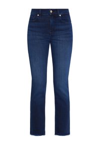 Ciemnoniebieskie dżinsy wykonane z denimu. Prosta nogawka z lekko strzępionym dołem. Posiada klasyczny styl pięciu kieszeni oraz zapięcie na metalowy guzik.
