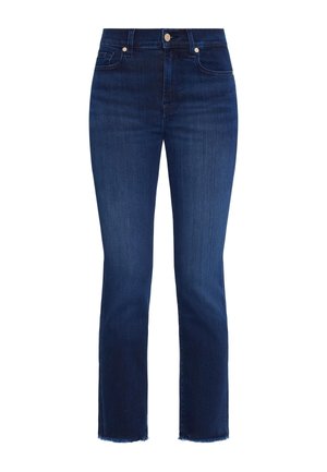 Jean en denim bleu foncé. Design à jambe droite avec ourlet légèrement effiloché. Comprend le style classique à cinq poches et une fermeture à bouton en métal.