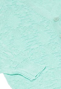 Cardigan tricotat de culoare verde mente, cu un model texturat. Are două nasturi și manșete cu nervuri, realizat dintr-un material tricotat moale.