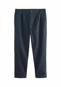 Tmavě šedé kalhoty ke kolenům s elastickým pasem a zapínáním na knoflík. Mají boční kapsy a hladkou, lehkou tkaninu.