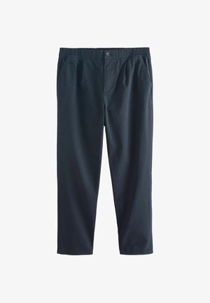 Dunkelgraue, knielange Hosen mit einem elastischen Bund und einem Knopfverschluss. Verfügt über Seitentaschen und einen glatten, leichten Stoff.