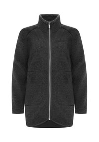Mustat täysivetoketjulliset fleece-takit korkealla kauluksella, pitkät hihat, kaksi etutaskua ja teksturoitu pehmeä kangas.