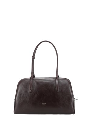 Dark brown leather handbag with long handles and a smooth, slightly shiny surface, featuring a small metal brand logo on the front.