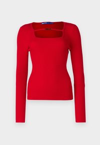 Rotes langärmliges Rippoberteil mit quadratischem Ausschnitt und figurbetontem Design, aus einem dehnbaren Stoff für Komfort und eine schlanke Silhouette gefertigt.