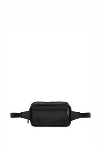 Riñonera de nylon negro con dos compartimentos con cremallera, correas ajustables, diseño plano y una textura suave.