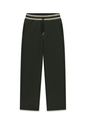 Pantalon droit vert foncé avec poches latérales, taille à cordon, et ceinture élastique beige et noire rayée.