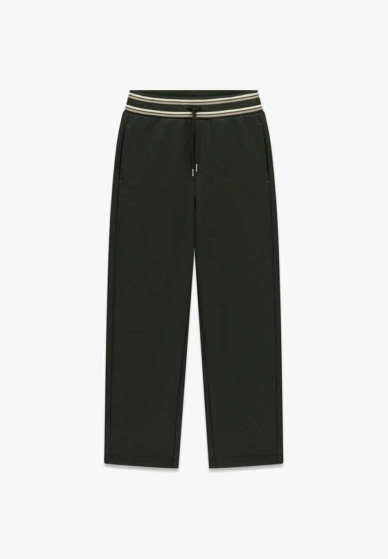 Pantalon droit vert foncé avec poches latérales, taille à cordon, et ceinture élastique beige et noire rayée.
