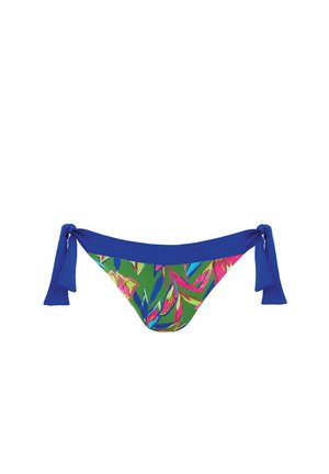 Dół bikini z niebieskimi wiązaniami i wielokolorowym nadrukiem tropikalnych liści w odcieniach zieleni, różu i niebieskiego. Gładka faktura i niski krój.