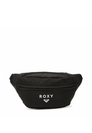 Riñonera negra con cremallera con el nombre y el logo de la marca Roxy en el bolsillo delantero sobre un fondo blanco.