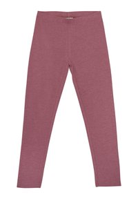 Lila Leggings aus weichem Stoff, mit einem dehnbaren Schnitt, einem breiten elastischen Bund und ohne sichtbare Nähte oder Muster.