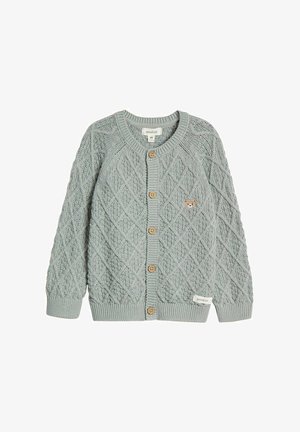 Hellgrüne Strickjacke mit Rautenmuster, Holzknöpfen, gerippten Bündchen und einem kleinen Tier-Motiv auf der Brust.